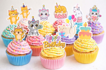 Preview: Cupcake Topper Set "Süße Katzen" Geburtstags Edition 12 Stk.