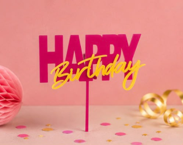 Acryl Topper Happy Birthday 2 farbig pink-gelb
