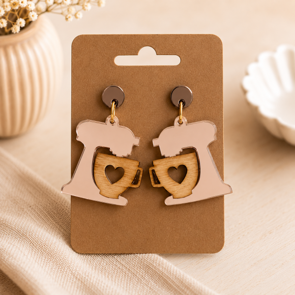 Ohrring "Küchenmaschine" Roségold Holz