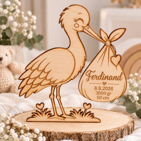 "Der Storch war da" Erinnerungsschild aus Holz