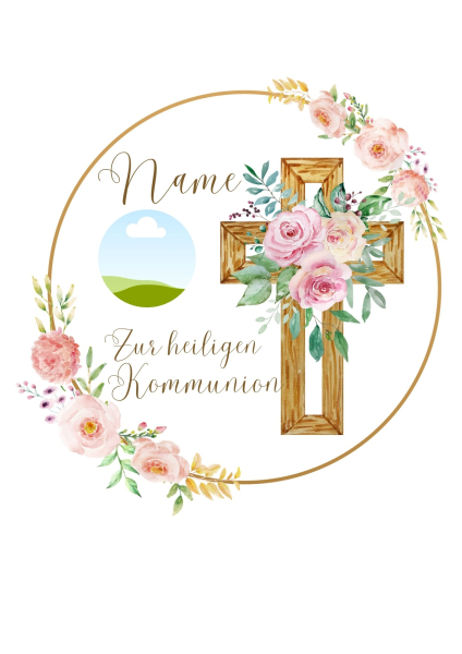 Tortenbild floral Kreuz mit individuellem Namen und Foto