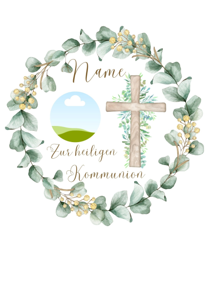 Tortenbild Eucalyptusl Kreuz mit individuellem Namen und Foto