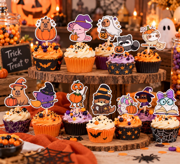 Halloween Cupcake Topper Set - Süße Tiere 12 Stk